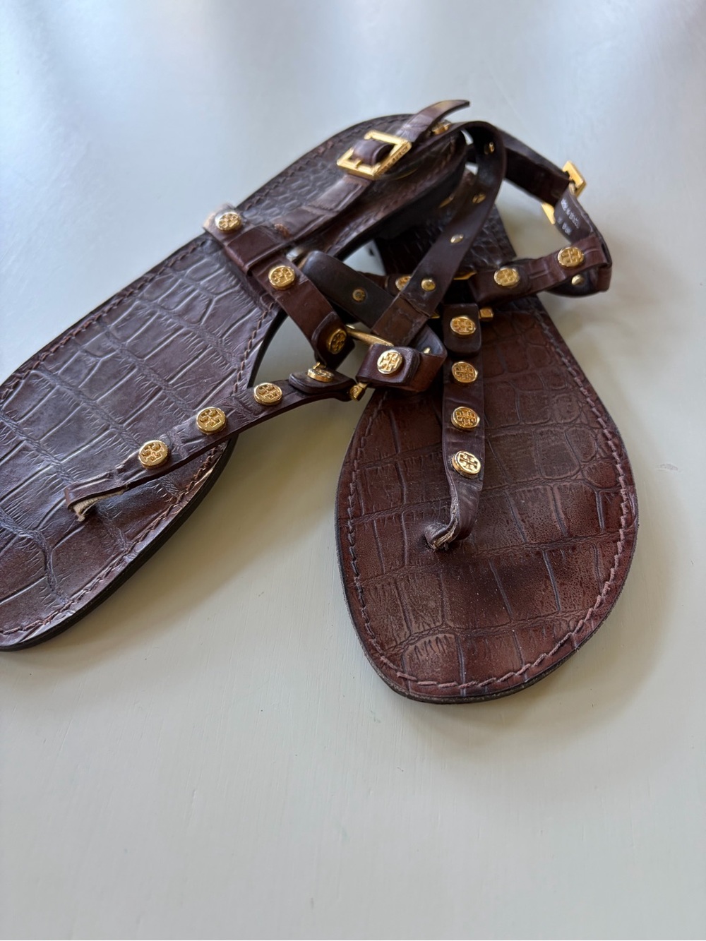 Tory Burch Brown Croc-Embossed Leather Studded Sandals